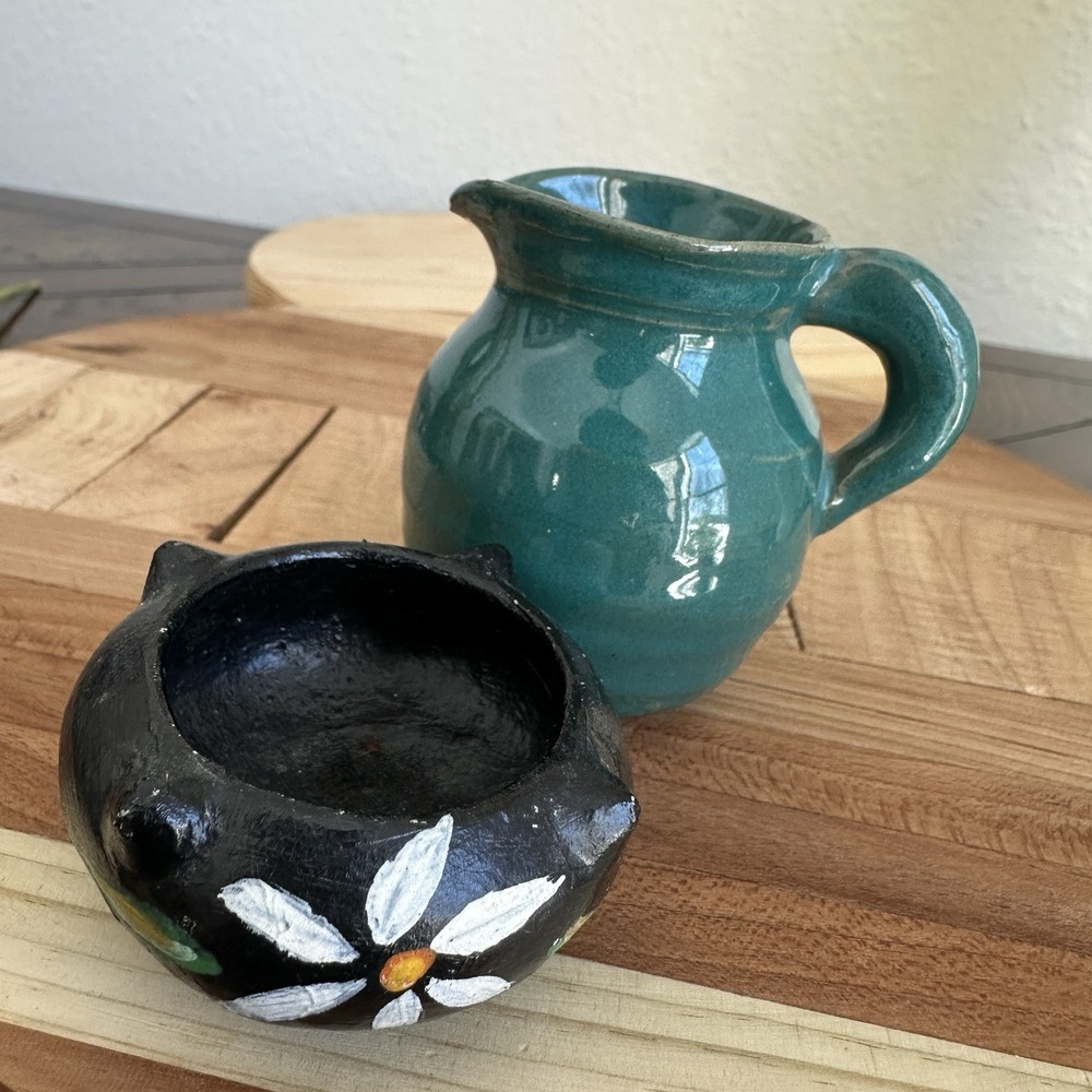 VTG Hull Pottery New Mexico Teal Clay Mini Vase Pitcher 2.5 Inch w Bowl Floral